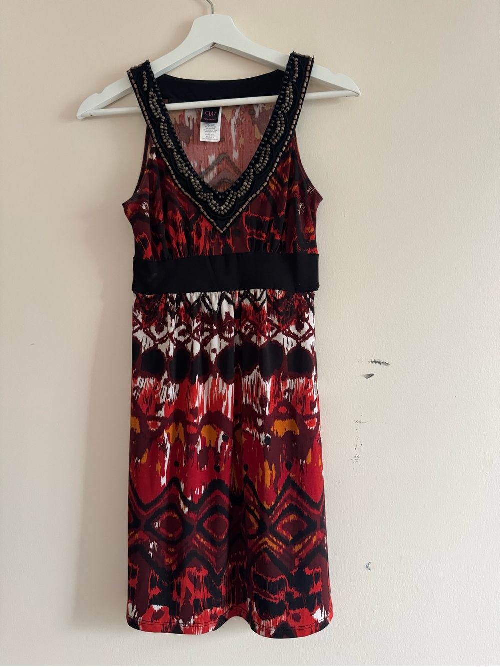 Wrapper Red and Black Patterned Beaded V‑Neck Dress